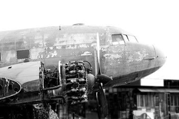 B&W Close up of Old CLASSIC airplane