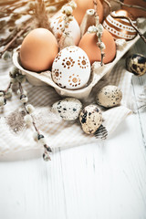 Happy Easter. Congratulatory easter background. Easter eggs and flowers. Background with copy...