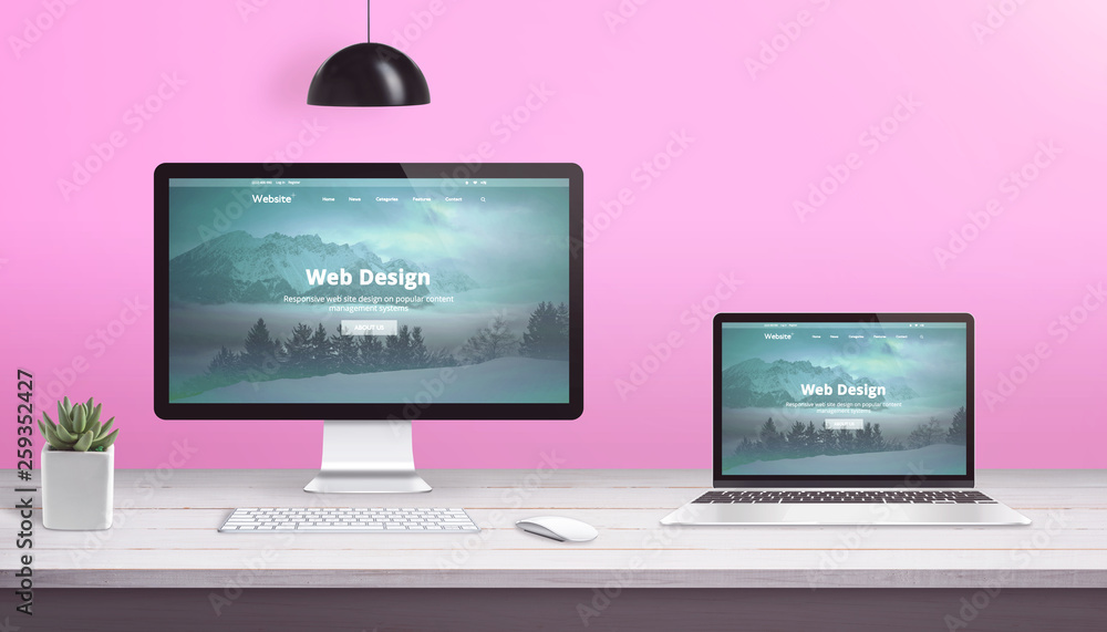 Aufkleber Theme design studio concept with computer display and laptop with flat design web site.