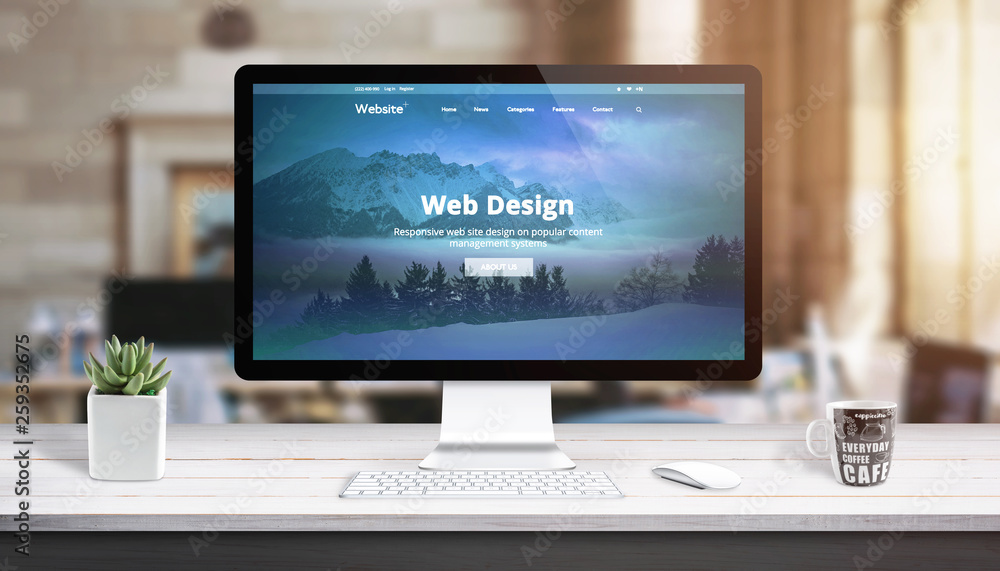 Poster Modern web design page on computer display. Concept of web design studio work desk.