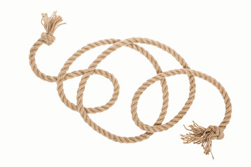 long jute rope with knots and curls isolated on white