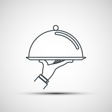Waiter holding empty tray with a cloche. Logo design