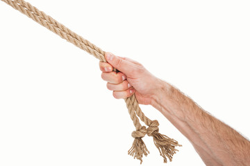 cropped view of man holding jute ropes in hand isolated on white