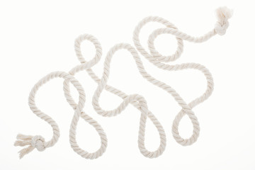 long white rope with curls and knots isolated on white