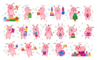 Set of christmas pigs with christmas gifts. Vector