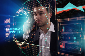 The concept of business, technology, the Internet and the network. A young entrepreneur working on a virtual screen of the future and sees the inscription: Technical support