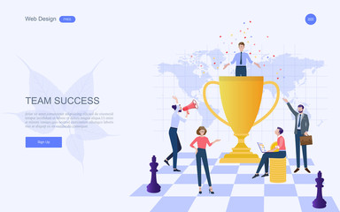 Business concept for successful business people team winner and achievement. Big trophy for businessman. Vector illustration template,web banner with people, team.