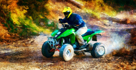racer with yellow helmet on green quad enjoying his ride outdoors. Computer painting effect.