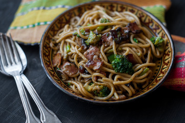 spaghetti with mushroom sauce and bacon