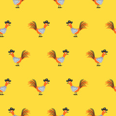 Seamless pattern with cute roosters on yellow background.