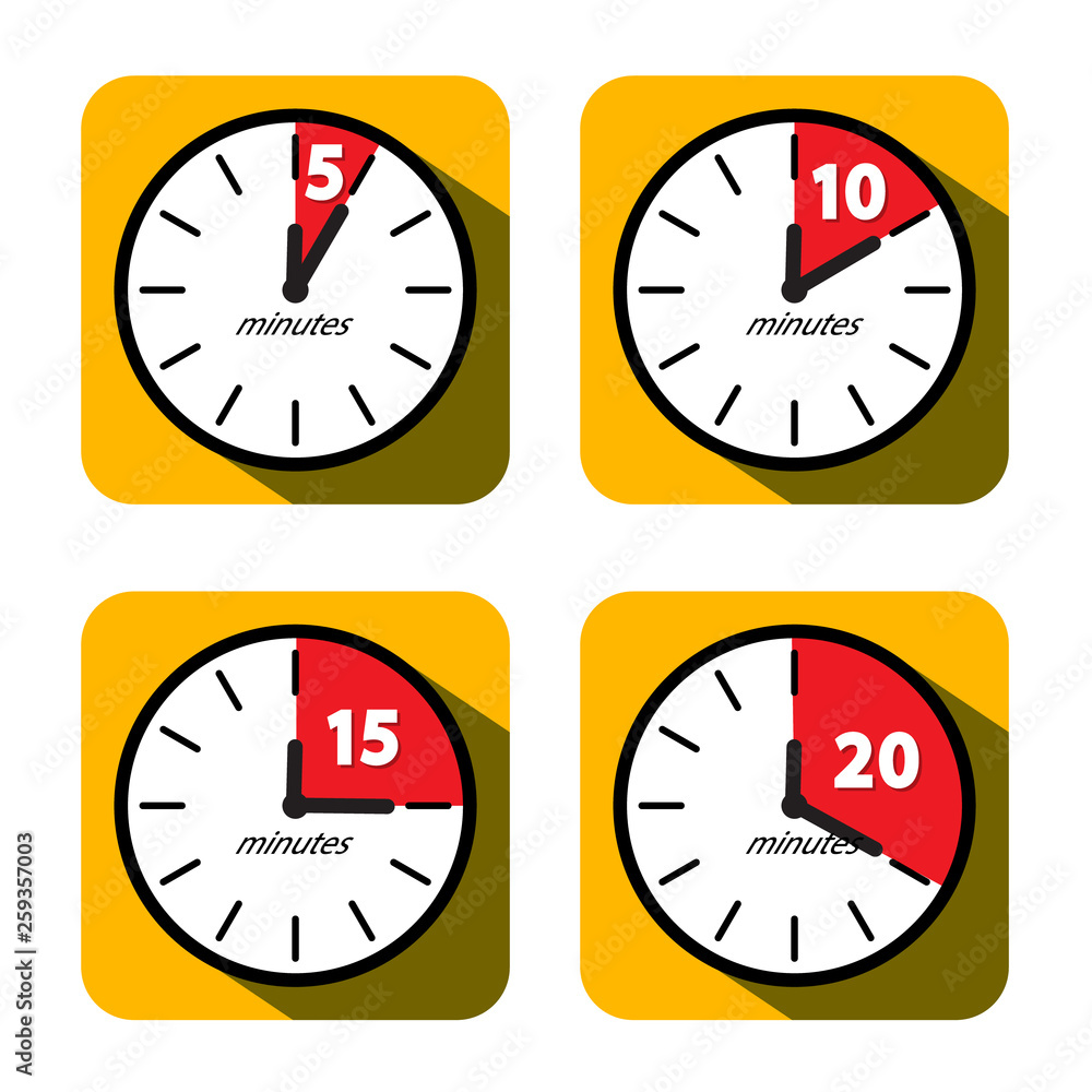 Poster vector clock set. five, ten, fifteen and twenty minutes timer symbols. vector flat design time icons
