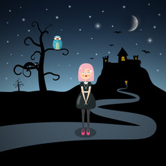 Scary Vector Landscape with Emo Girl, Cat, Owl on Tree and Bats woth Moon above Castle Silhouette.