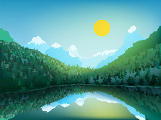 Green forest peaks and valleys, snowy rocks and beautiful reflection in a big wild lake.