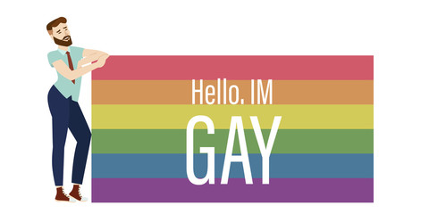 Hello, I'm gay. Open homosexuality. Coming out. Young character introducing himself on LGBT flag