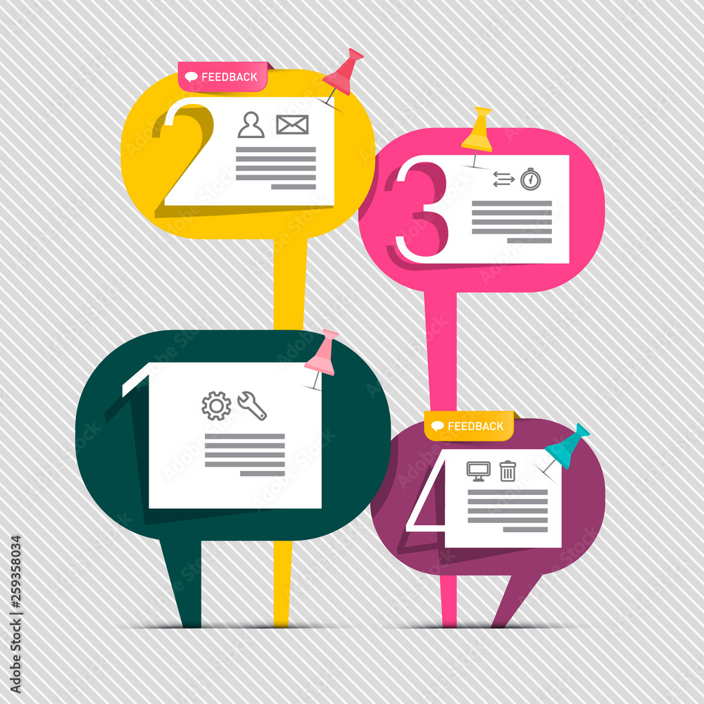 Poster four steps paper infographic layout with numbers, icons and sample texts and feedback symbols. vecto