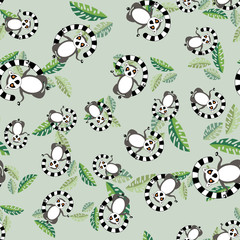 seamless pattern with cute Cartoon meditating lemur.