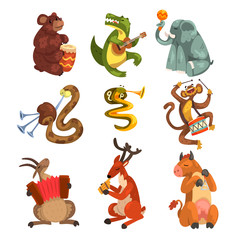 Cute cartoon animal characters playing various musical instruments vector Illustrations on a white background