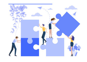 Business concept. Team people connecting puzzle elements.  Symbol of teamwork, cooperation, partnership. Vector ililustration.