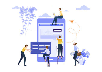 Business concept. People are building a business on the internet,promotion of business online, ideas. Symbol of teamwork, cooperation, partnership. Vector ililustration.