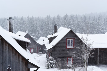 Winter landscape with a wood house in a foreground in Harz