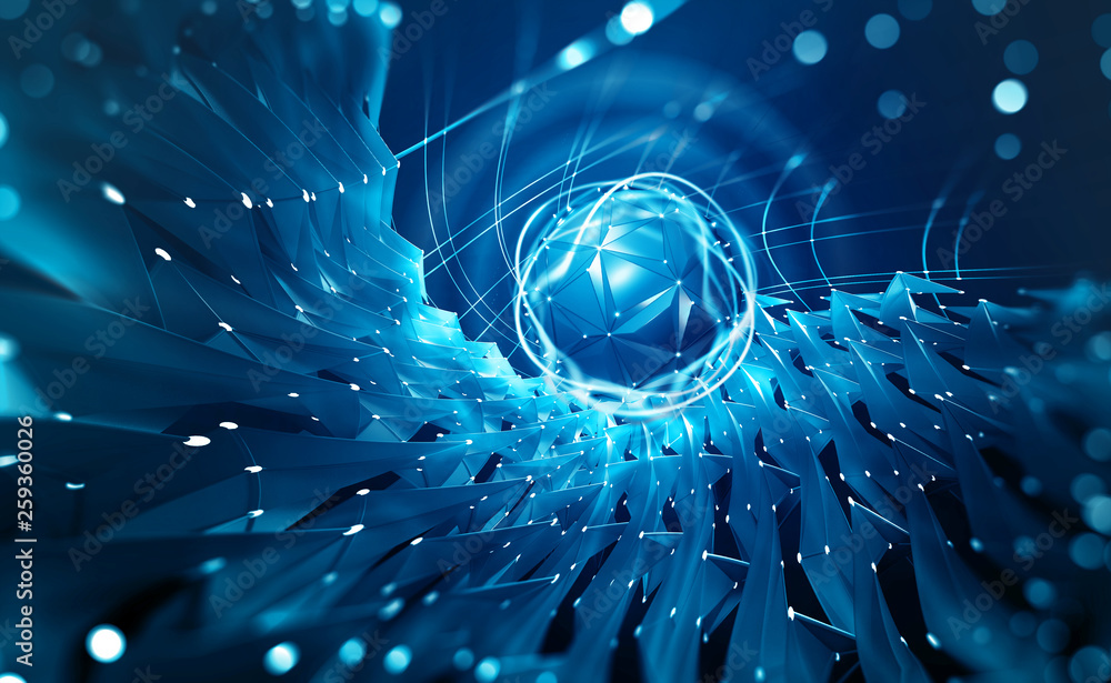 Poster Abstract tech background 3d illustration. Information stream in era big data. Futuristic smart community