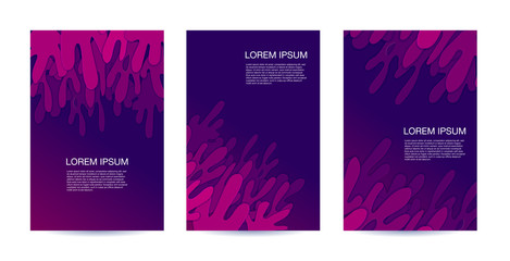 Modern paper cut 3D geometric covers set. Tree Minimal colorful trendy templates design. Cool gradient shapes of splash water in dark violet color. Poster background composition. Vector illustration.