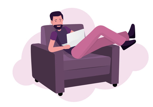 Freelancer sitting on the sofa and works with laptop.Vector design.