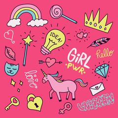 Vector illustration of Cute girly doodles set drawn by hand