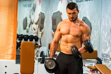 Fototapeta na wymiar Male athlete doing biceps exercise with dumbbells