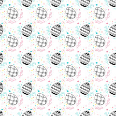 Seamless easter pattern with ornamental hand drawn eggs, leaves, butterflies. Easter holiday colorful background. Vector illustration.