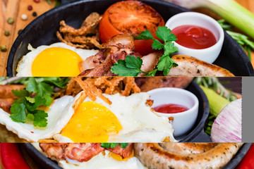 Nutritious meal with fried egg, sausage, bacon, tomato and sauce in frying pan