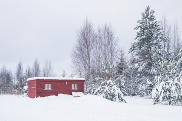 Wooden shed in the forest on the territory of a private house in winter