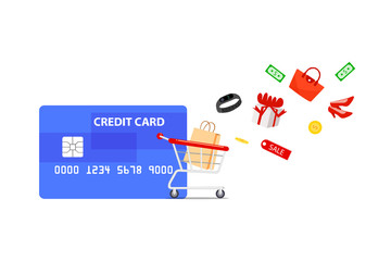 Credit card with shopping cart isolated on white background.