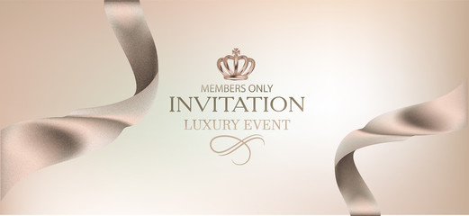 Elegant beige invitation card with curly ribbons. Vector illustration