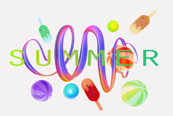 Summer design levitating objects and curly ribbon. Vector illustration