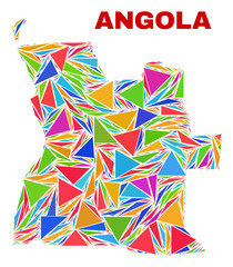 Mosaic Angola map of triangles in bright colors isolated on a white background. Triangular collage in shape of Angola map. Abstract design for patriotic purposes.