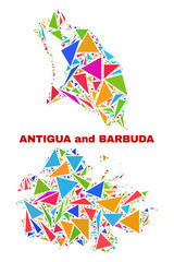 Mosaic Antigua and Barbuda map of triangles in bright colors isolated on a white background. Triangular collage in shape of Antigua and Barbuda map. Abstract design for patriotic illustrations.