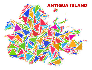 Mosaic Antigua Island map of triangles in bright colors isolated on a white background. Triangular collage in shape of Antigua Island map. Abstract design for patriotic purposes.