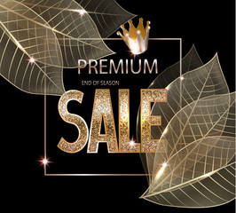 Premium sale banner with skeleton gold leaves, crown and textured gold letters. Vector illustration