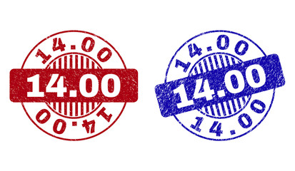 Grunge 14.00 round stamp seals isolated on a white background. Round seals with grunge texture in red and blue colors. Vector rubber watermark of 14.00 label inside circle form with stripes.