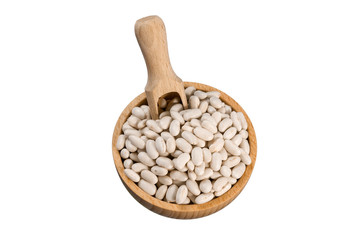 White Bean in wooden bowl and scoop isolated on white background. nutrition. bio. natural food ingredient.