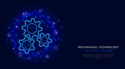 Gears concept. Vector wireframe gear modern illustration on abstract blue polygonal background. .Mechanical engineering technology machine engine. Business solution design. Banner, poster template