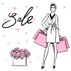 Beautiful woman in retro style whith shopping bags . vintage dress sixties years.