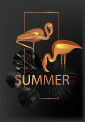 Summer banner with black tropical leaves and golden flamingos. Vector illustration