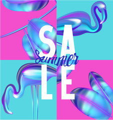 Summer sale banner with flamingos and tropical leaves. Vector illustration