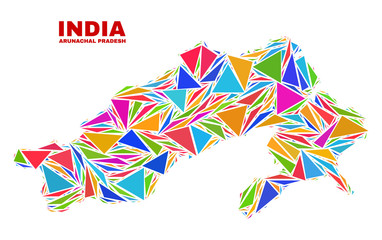 Mosaic Arunachal Pradesh State map of triangles in bright colors isolated on a white background. Triangular collage in shape of Arunachal Pradesh State map. Abstract design for patriotic decoration.