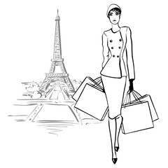 Beautiful woman in retro style in Paris . vintage dress sixties years.