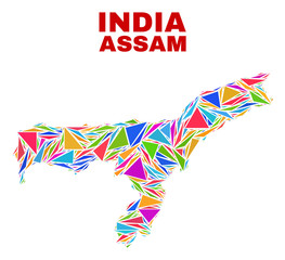 Mosaic Assam State map of triangles in bright colors isolated on a white background. Triangular collage in shape of Assam State map. Abstract design for patriotic decoration.