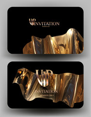 Invitation cards with gold metallic curved elements. Vector illustration
