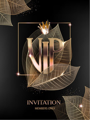 Let's partyVIP invitation card with golden skeleton leaves and crown. Vector illustration